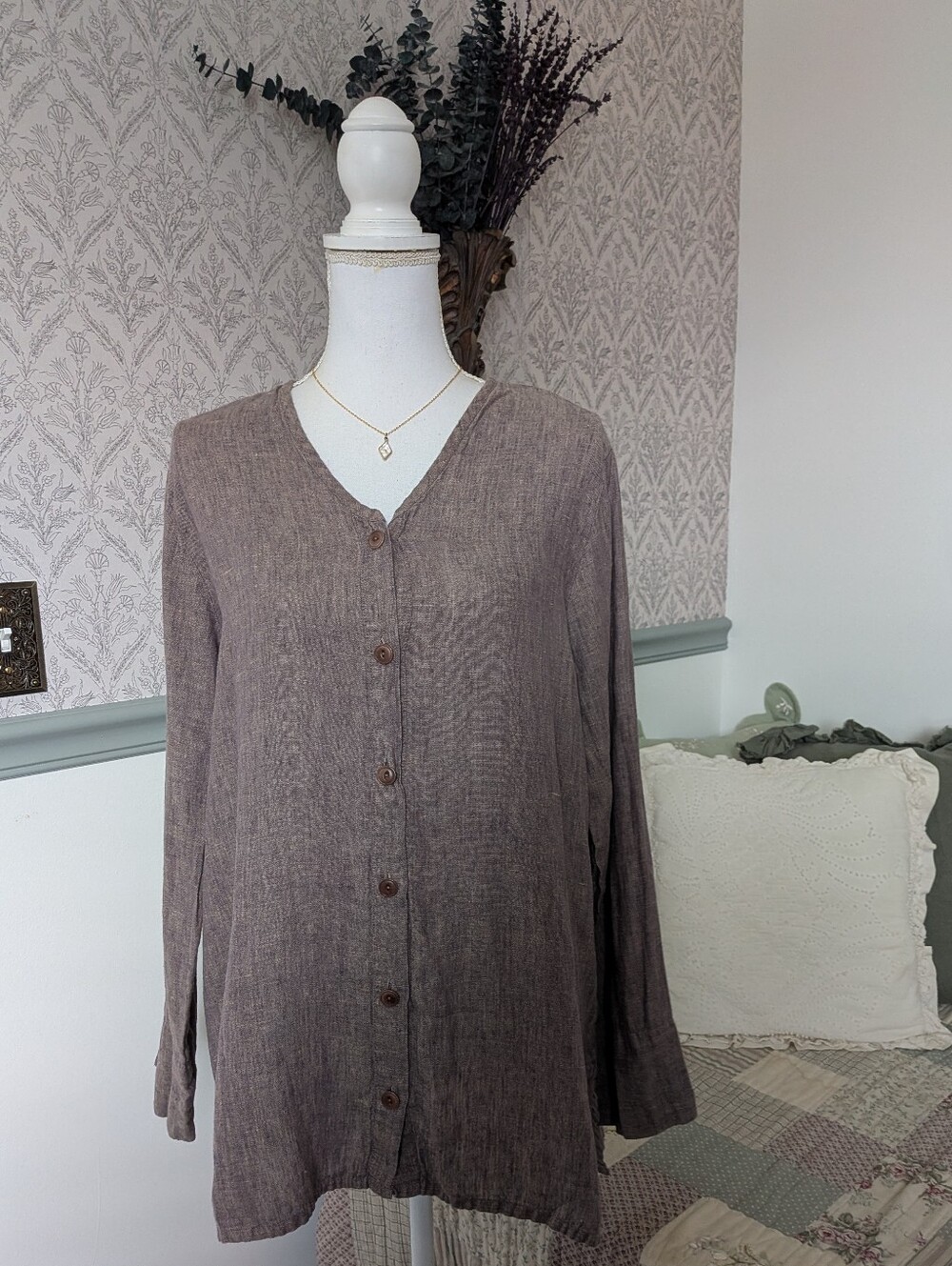 FLAX 100% Linen Button Front Tunic Top Small Mushroom/Mauve Taupe Lagenlook